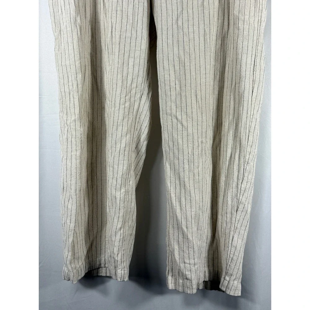 ZARA Linen Blend Striped Drawstring Waist Wide Leg Pants‎ Women L Beige Black